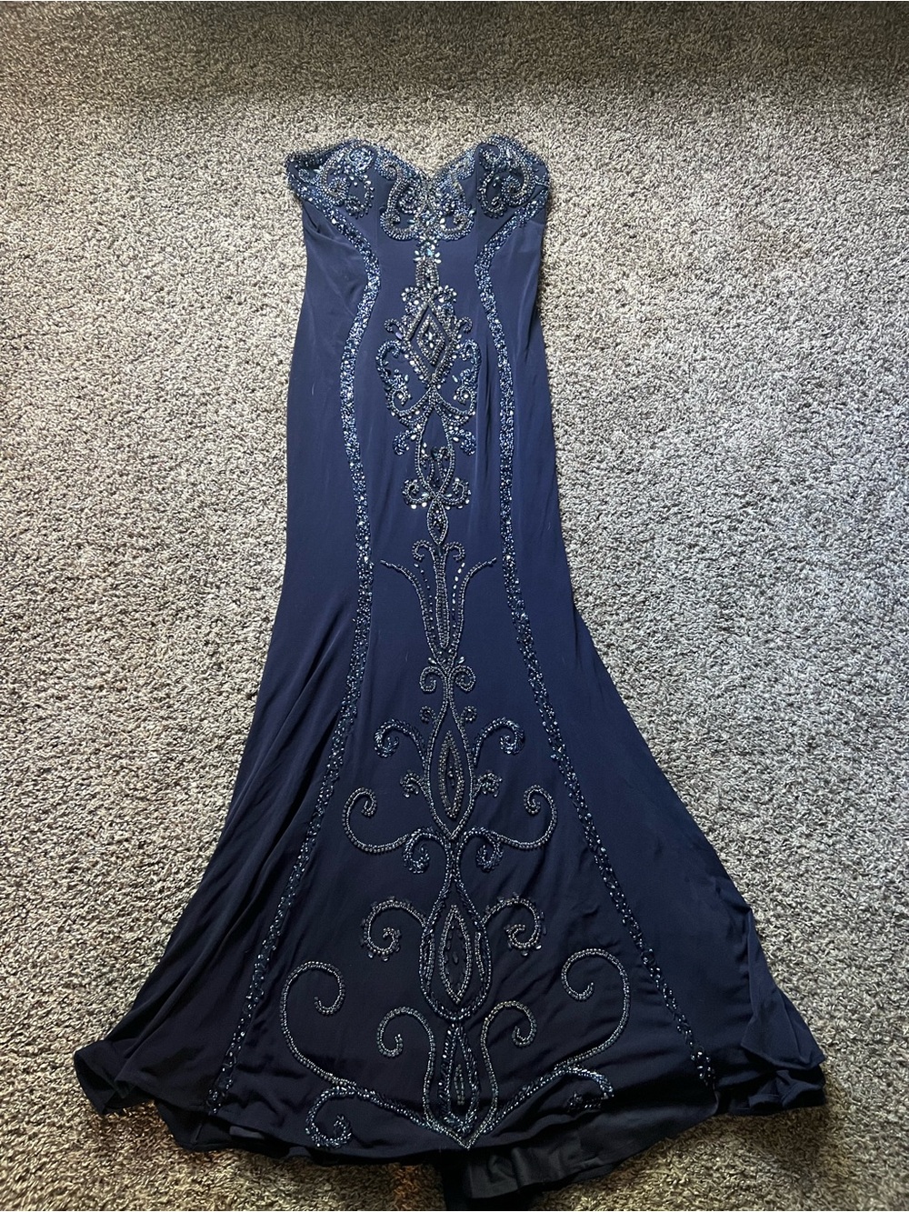 Jovani Strappless Navy Beaded Evening Gown